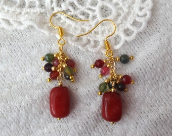 Red Square Beads and Small Round Multi Gem Beads Drop Earrings