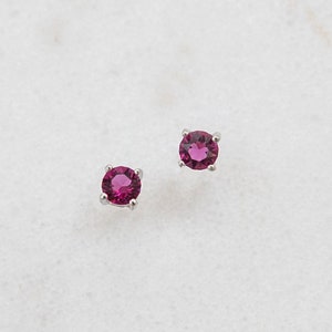 May include: A pair of small, silver stud earrings with a single, round, dark pink gemstone in each earring.