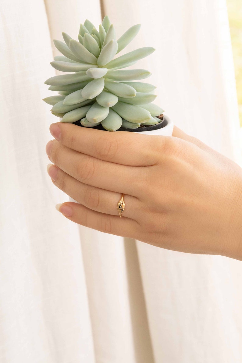 May include: A gold ring with a single initial, "P", set in a pointed oval shape. The ring is worn on a finger holding a small succulent plant.