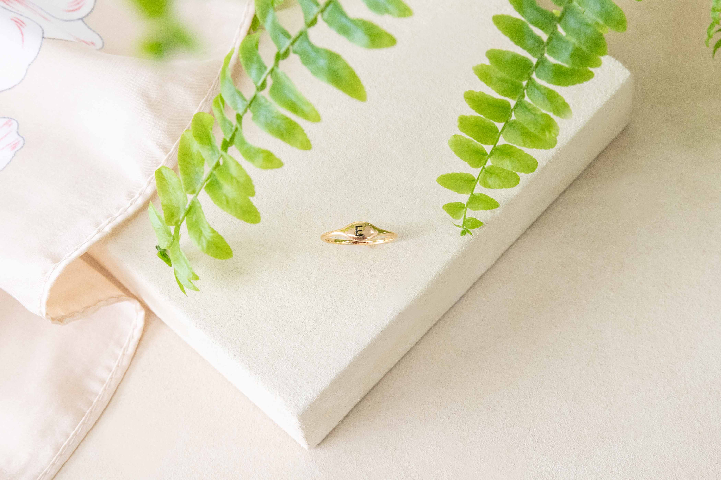 May include: A gold ring with the letter "E" on a white surface. The ring is surrounded by green fern leaves.