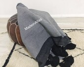Gorgeous Moroccan pompom blanket , cotton 100 , MadeinAtlas,handmade, greay black stripe pompom black