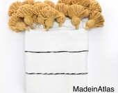 Gorgeous Zaki Moroccan pompom blanket , cotton 100 ,handmade, white and design stripe pompom yellow