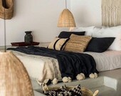 Moroccan Pompom Blanket,Moroccan Blanket,Moroccan Throw Blanket, Black Pom Poms cream, Boho Blanket,Bed Cover Madeinatlas