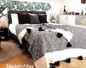 Gorgeous Moroccan pompom blanket,soft cotton MadeinAtlas,handmade, Black and white color