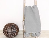 Moroccan pompom blanket, decorative cotton couverture 100 cotton ,MadeinAtlas,handmade, gray color pon poms