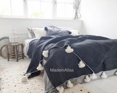 Amazing pompom blanket , cotton 100 ,handmade,black color pompom white