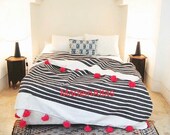 Gorgeous Fatiha-Moroccan blanket , pom pom,cotton 100 , MadeinAtlas,handmade, whtie charcoal gray stripe pink pompom