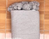Gorgeous Moroccan pompom blanket, decorative cotton couverture 100 cotton ,MadeinAtlas,handmade, light gray