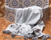 Gorgeous Hanan soft blanket , cotton 100 , MadeinAtlas,handmade, grey whtie stripe pompom grey