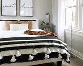 Moroccan Pom Pom Throw Blanket,Soft Cotton Moroccan Pom Pom Blanket , cotton bedding , White And Black throw blanket , moroccan blankets ,