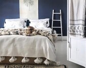 Gorgeous Moroccan pompom blanket , cotton 100 ,handmade, off white color