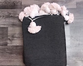 Gorgeous Kawetar Moroccan pompom blanket,soft cotton MadeinAtlas,handmade, black color white pom