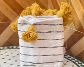 Asha Moroccan pompom blanket , cotton 100 ,handmade, white and black pompom yellow
