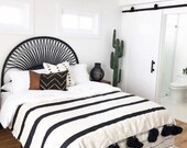 Gorgeous Moroccan pompom blanket , cotton 100 ,handmade, white and black stripe pompom black