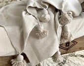 Gorgeous cream blanket pom-pom,cotton 100 , MadeinAtlas,handmade, Cream