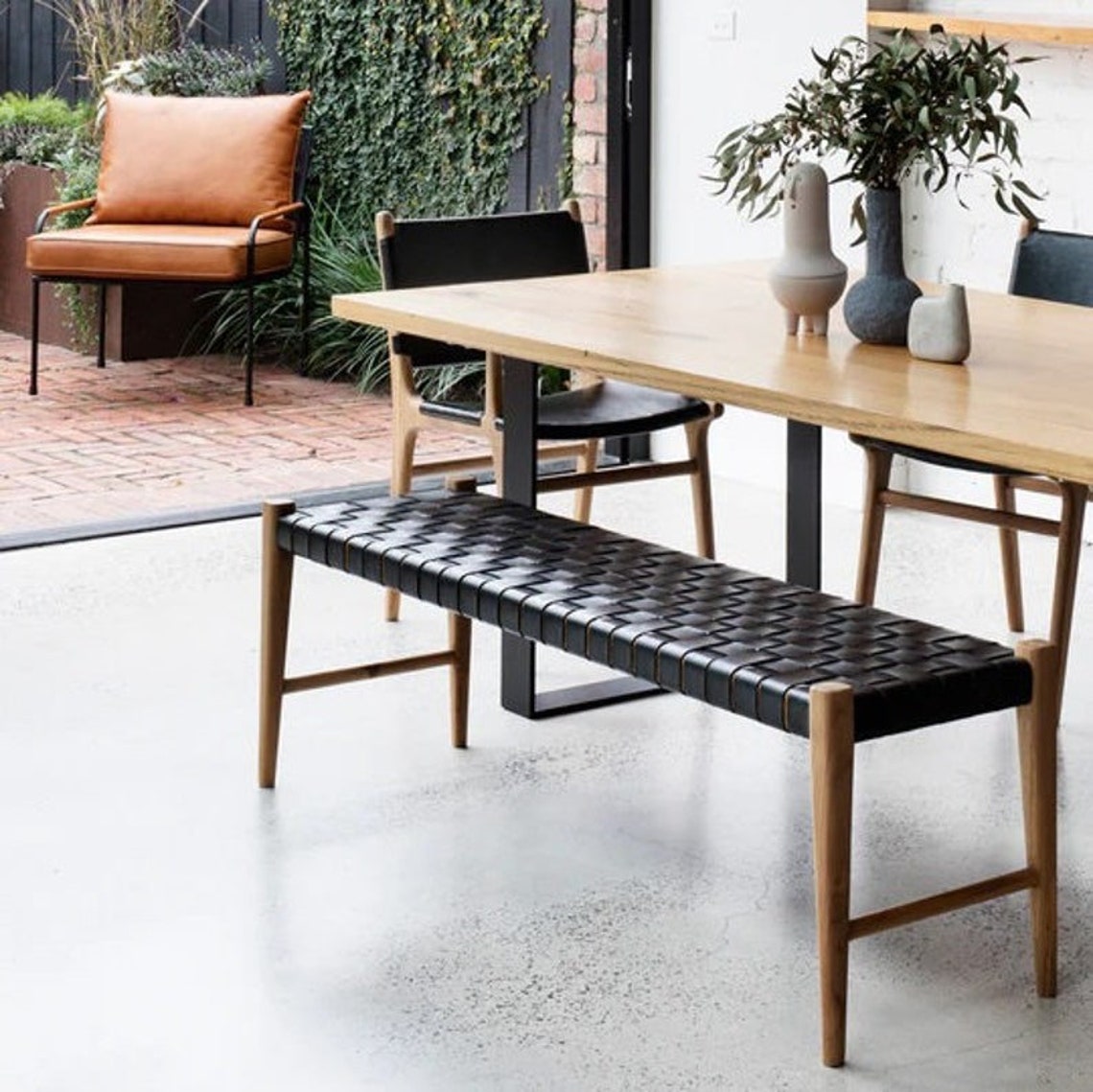 NEW Teak Black Leather Strap Bench Saddle Natural Wood Etsy