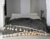 Amal moroccan pompom blanket , black pompom blanket ,cotton and wool pompom,MadeinAtlas,handmade, Authentic traditional fabric.