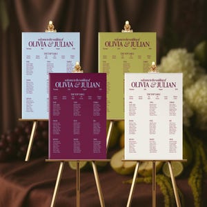 May include: Four wedding seating charts in light blue, olive green, burgundy, and cream. Each chart displays guest names and table assignments, with the names "Olivia & Julian" at the top. The charts are mounted on gold easels.