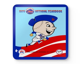 1976 Vintage New York Mets Baseball Yearbook Program Cover  - Corkwood Coaster Set