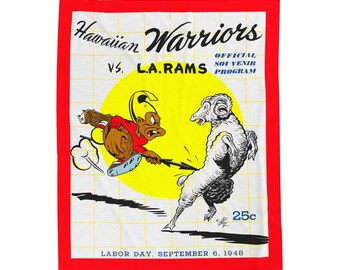 Velveteen Plush Blanket, 1948 Vintage Los Angeles Rams - Hawaiian Warriors Football Program Cover, Cozy Throw, Retro Sports Decor, Warm