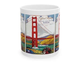 Ceramic Mug, 1937 Vintage Golden Gate Bridge Fiesta Program, Retro Coffee Cup, Historical Souvenir, Traveler Gift, San Francisco