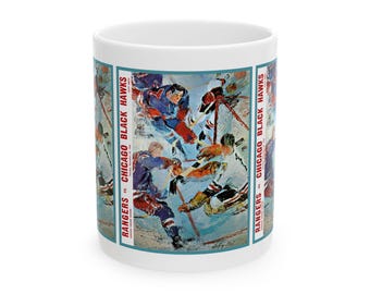 Vintage Hockey Ceramic Mug, 11oz, 15oz - 1966-1967 New York Rangers - Chicago Blackhawks Cup, Sports Fan Gift, Hockey Lover Present, Retro