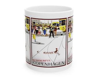 Vintage 1959 Wonderful Copenhagen Travel Poster Ceramic Mug - Retro Danish Wall Art Coffee Cup, Scandinavian Gift, Traveler Souvenir, Europe