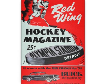 1954 Vintage Detroit Red Wings Hockey Program Cover - Glass Cutting Board