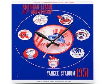 1951 Vintage New York Yankees Baseball Scorecard  Cover - 50th Anniversary - American League - Acrylic Wall Clock