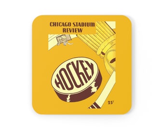 1947-1948 Vintage Chicago Black Hawks Hockey Program Cover  -  Corkwood Coaster Set