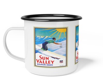 Enamel Camp Cup - Vintage Sun Valley Idaho Ski Poster, Camping Mug, Outdoor Adventure Cup, Retro Skiing Gift, Mountain Cabin Decor, Ski