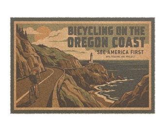 Oregon Coast WPA Style Bicycling Coir Doormat