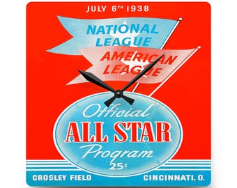 Vintage Baseball Acrylic Wall Clock, 1938 All-Star Game Crosley Field Cincinnati Decor, Unique Sports Fan Gift, Large Modern Timepiece, Home