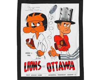 Velveteen Plush Blanket, 1960 CFL Football Ottawa Rough Riders - BC Lions, Vintage Sports Throw, Retro Football Bedding, Cozy Fleece