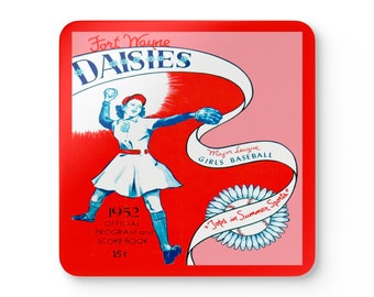 1952 Vintage Fort Wayne Daises Baseball Program Cover - Corkwood Coaster Set