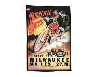 Vintage 1926 Motorcycle Racing Golf Towel - Retro Sports Towel, Gift for Golfers, Golf Accessories, Golf Gift, Golf Towel Hook