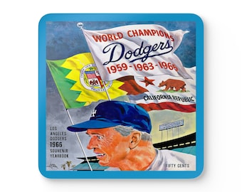 1966 Vintage Los Angeles Dodgers Baseball Yearbook Cover - Walter Alston - Corkwood Coaster Set