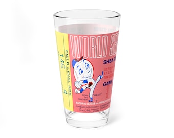 Mixing Glass, 16oz - 1969 Baseball World Series Ticket - New York Mets - Game 3 Shea Stadium, Vintage Sports Barware, Collectible Glassware,