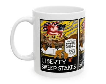 Indy 500 Racing Ceramic Mug, Vintage Race Car Coffee Cup, Auto Racing Gift, Speedway Memorabilia, Checkered Flag Decor, Father's Day Present
