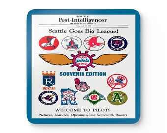 1969 Vintage Seattle Pilots Baseball - Seattle Intelligencer Newspaper Program Cover  - Corkwood Coaster Set