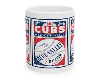 Vintage 1932 Chicago Cubs Ceramic Mug, Baseball Scorecard Design, Blue Valley Butter, Gift for Baseball Fans, Sports Memorabilia