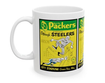 Vintage 1955 Football Ceramic Mug, Green Bay Packers - Pittsburgh Steelers Fan Drinkware, 1955 Sports Memorabilia Gift Cup, 11oz 15oz,