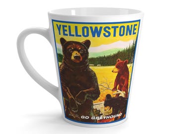 Vintage Yellowstone Greyhound Latte Mug, Travel Poster Coffee Cup, Retro National Park Tea Mug, Gift for Wanderlust, Outdoor Adventure