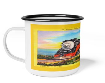 Enamel Camp Cup, Vintage Southern Pacific Railroad Postcard - Daylight Coastline, Travel Mug, Camping Mug, Retro Cup, Train Lover Gift,