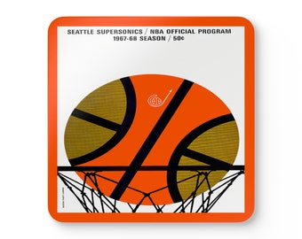 1967- 1968 Vintage Seattle Supersonics Basketball Program Cover - Corkwood Coaster Set