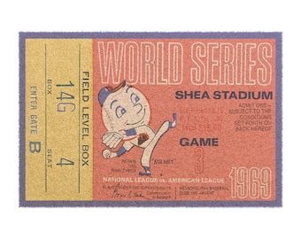 Doormat, 1969 Vintage Baseball World Series Ticket - New York Mets - Shea Stadium - Game 3, Entryway Rug, Baseball Fan Gift, Sports