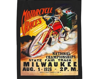 Velveteen Plush Blanket, Cozy Throw Blanket, Motorcycle Races Milwaukee Home Decor, Soft Bedding, Vintage Racing Gift