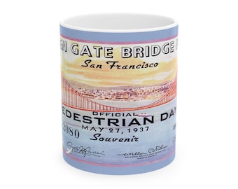 Golden Gate Bridge Ceramic Mug, 1937 Fiesta Ticket Design, Vintage Coffee Cup, Tea Mug, Unique Gift, Kitchen Decor, Home Office Accessories