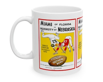 Vintage 1962 Nebraska vs Miami Ceramic Mug, Gotham Bowl Football Program Cover, Gift for Football Fans, Sports Memorabilia, Retro Coffee