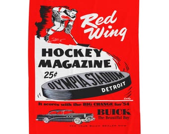 Velveteen Plush Blanket, Detroit Red Wings 1954 Hockey Program Cover, Throw Blanket, Home Decor, Gift for Sports Fan, Hockey Memorabilia,